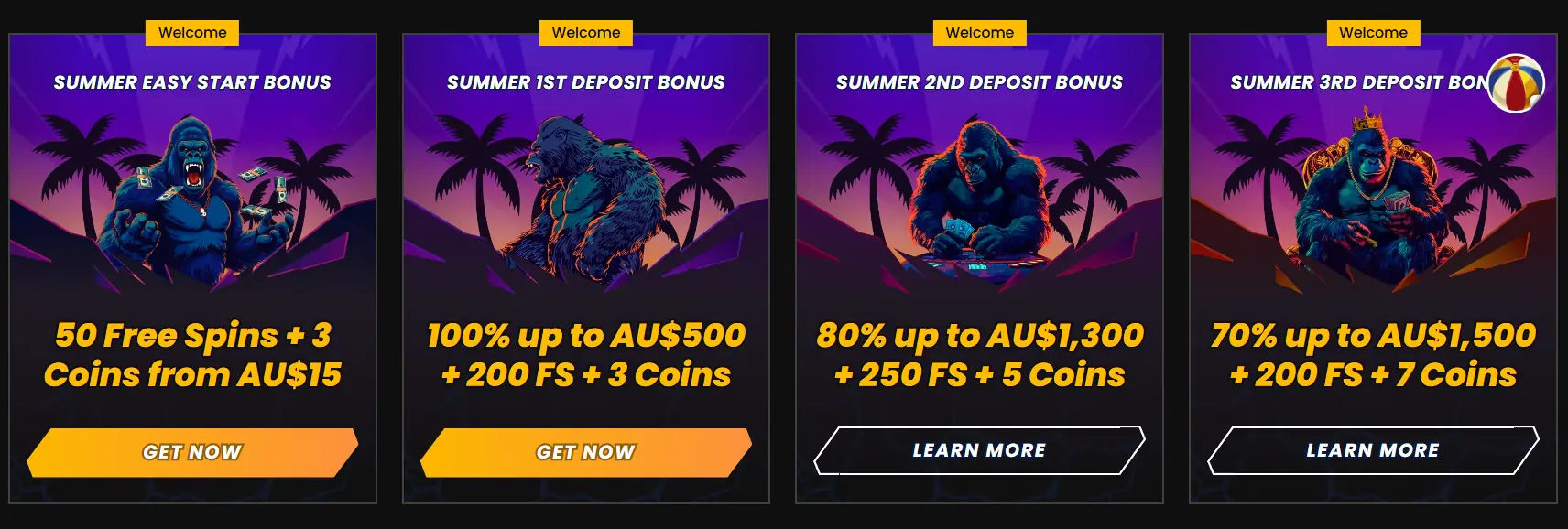 Welcome package visual — "250% up to AU$5,300 + 600 Free Spins" headline with three first-deposit options side by side