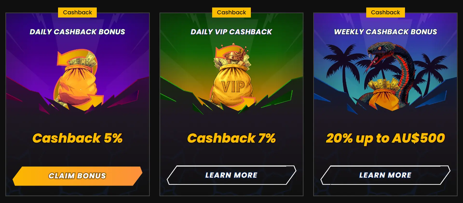 Weekly promotions calendar — Daily Cashback, Weekly Cashback, Weekly Bonus and Weekend Bonus laid out by day