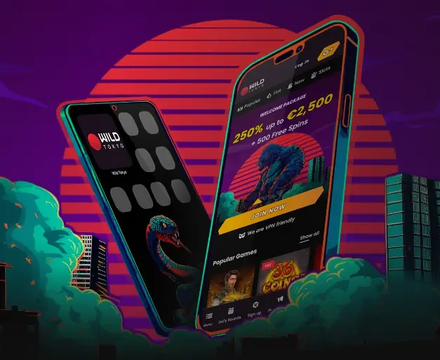 Wild Tokyo Casino mobile phone mockup rising from the section