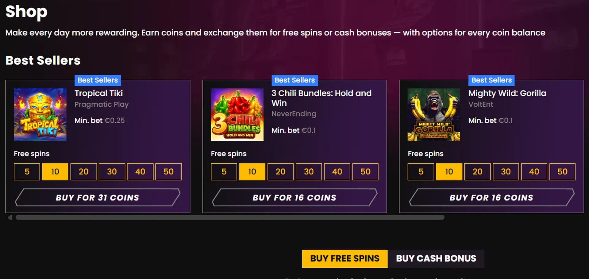 Bonus Shop interface — coin balance at the top and free-spin packs for individual pokies on offer
